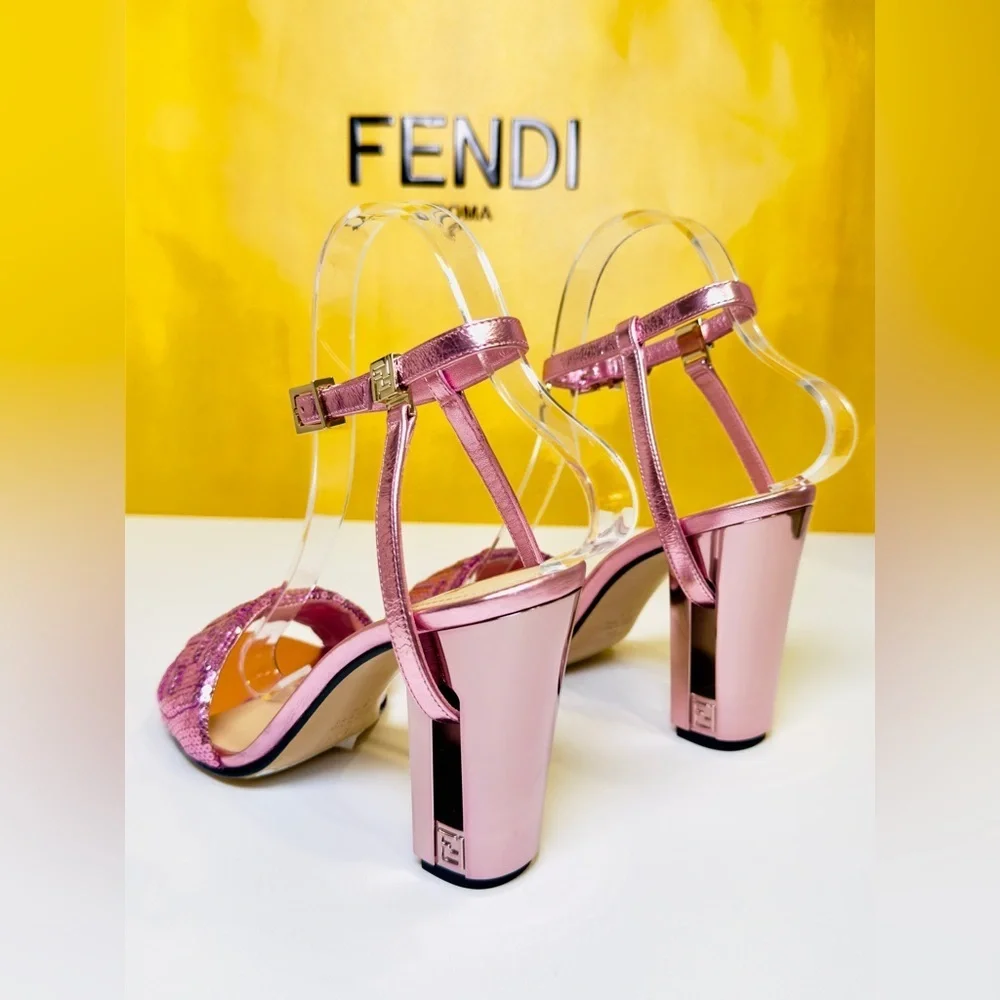 Fendi Delfina Heel Strap Sandals Pink Metallic Goat Leather FF Sequin Size 37 - Picture 9 of 16